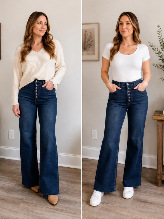 Judy Blue Denim - Judy Blue Dark Blue High-Rise Button-Fly Wide Leg Jeans